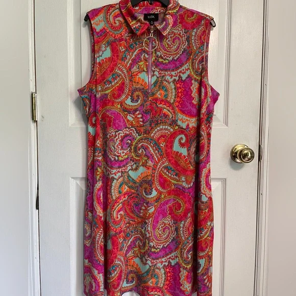MSK Sleeveless Collared Quarter-Zip Colorful Paisley Swing Shift Dress Size XL - Picture 6 of 8